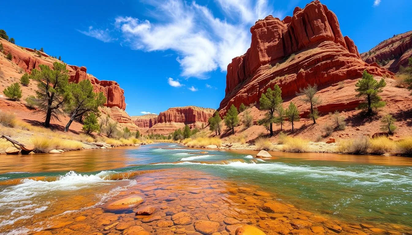 Gila River flowing through a scenic canyon with lush vegetation and rock formations along the banks
