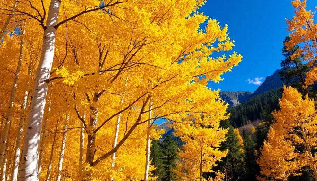 Golden aspen trees in Golden Gate Canyon State Park during fall with vibrant autumn colors