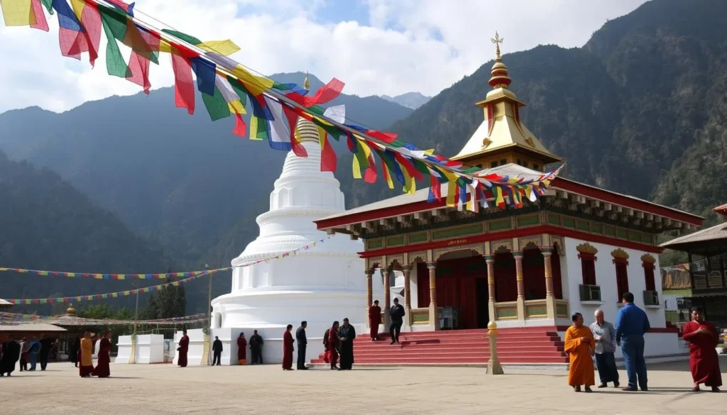 Gompa Buddhist Temple in Itanagar with colorful prayer flags and a white stupa against mountain backdrop