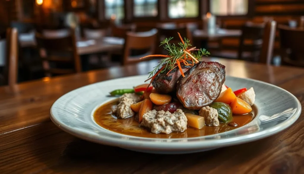 Gourmet mountain cuisine served at a restaurant in the Elk Mountains with locally-sourced ingredients Gourmet mountain cuisine served at a restaurant in the Elk Mountains with locally-sourced ingredients