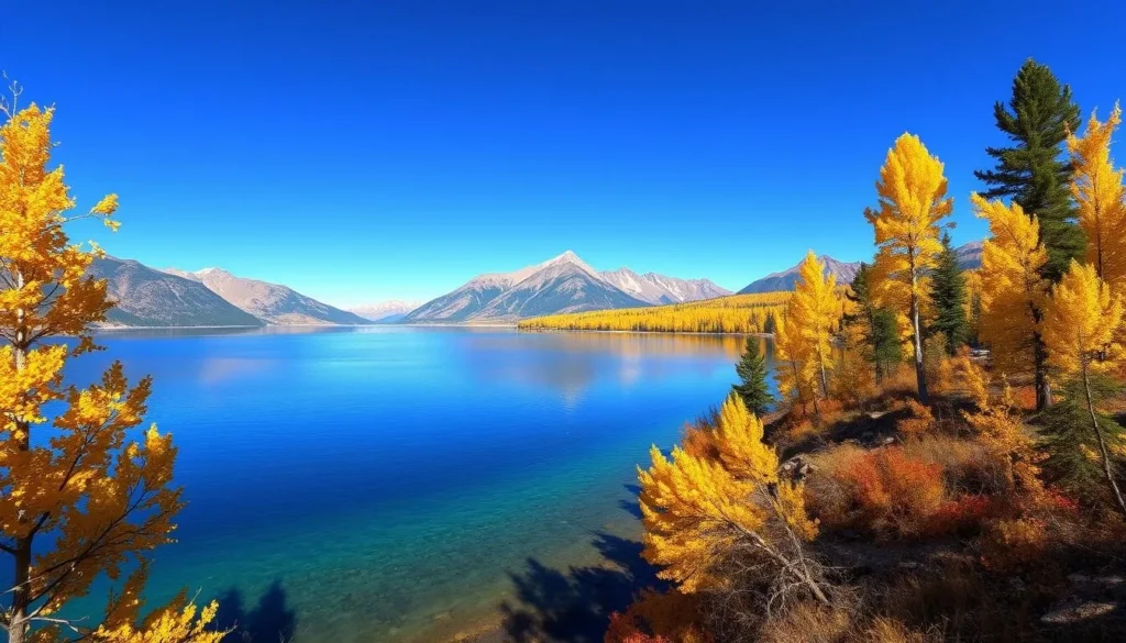 Grand Lake in autumn with colorful fall foliage surrounding the lake Grand Lake in autumn with colorful fall foliage surrounding the lake