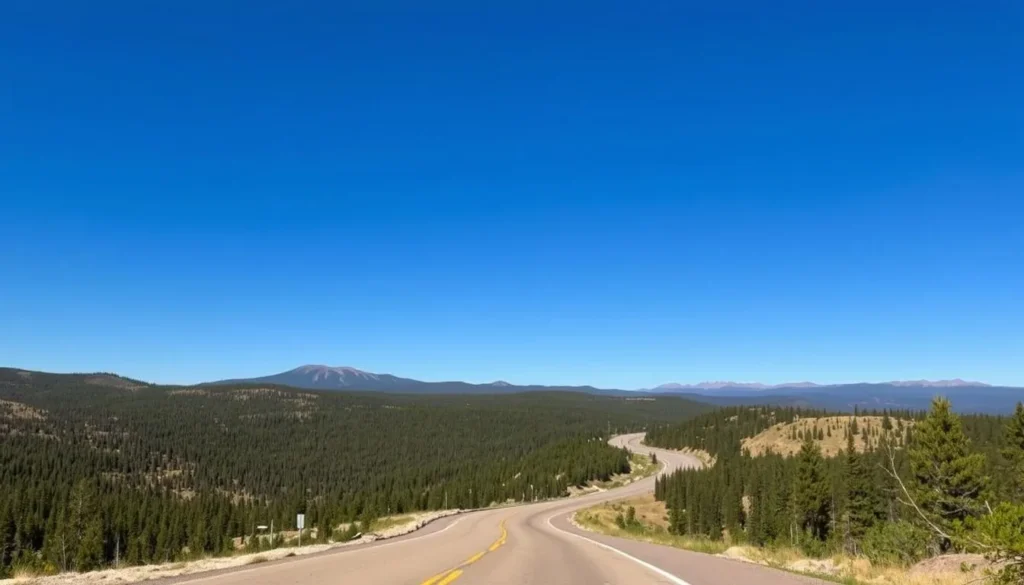 Grand Mesa Scenic Byway winding through forested areas with mountain views Grand Mesa Scenic Byway winding through forested areas with mountain views