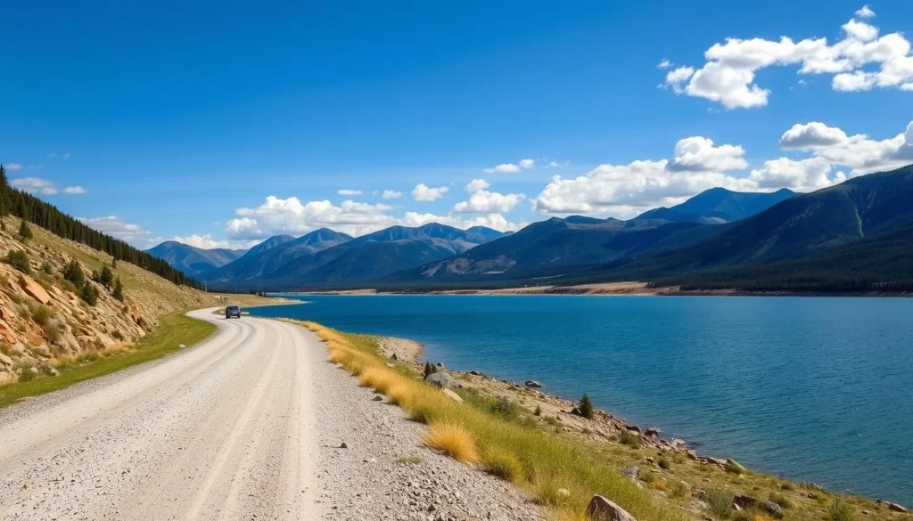 Gravel road winding along the shoreline of Green Mountain Reservoir with mountains in background Gravel road winding along the shoreline of Green Mountain Reservoir with mountains in background