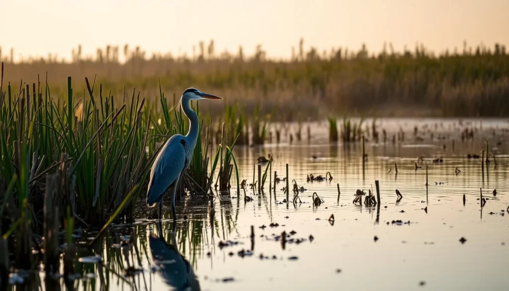 Great Blue Heron fishing in the shallow waters at Sam Houston Jones State Park