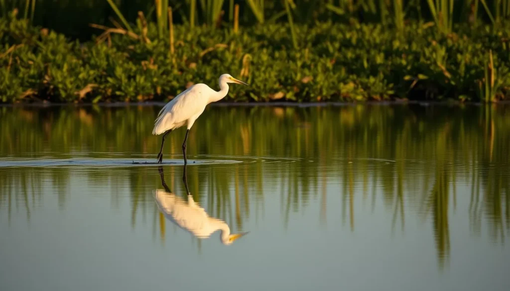 Great Egret wading in Lacassine Wetlands Louisiana with reflection in still water Great Egret wading in Lacassine Wetlands Louisiana with reflection in still water