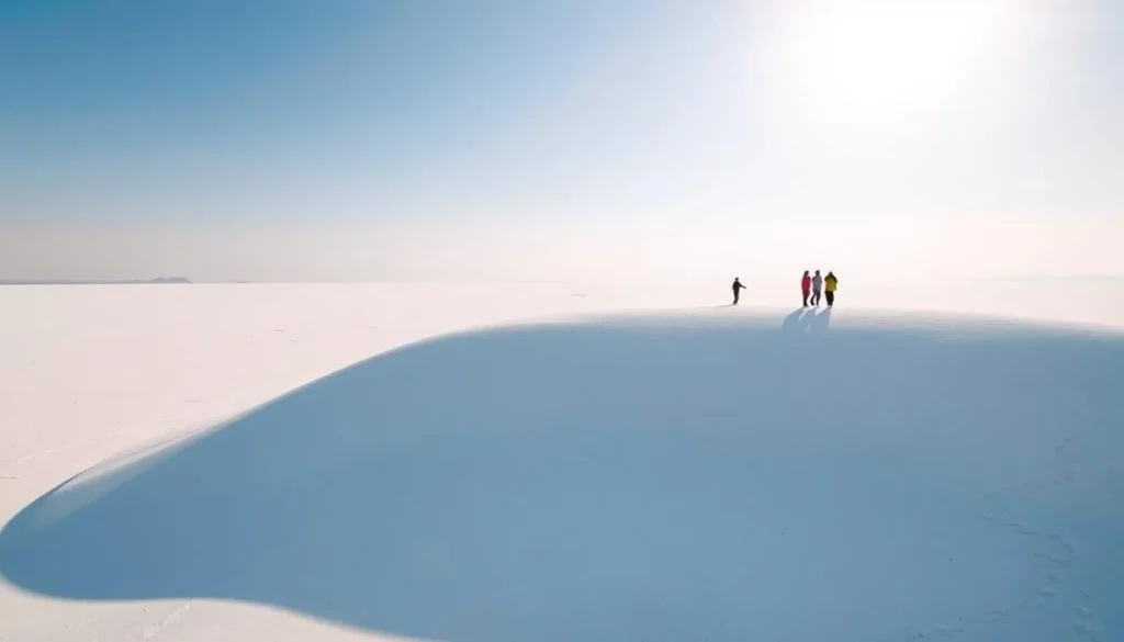 Great Rann of Kutch during winter with white salt desert under blue sky and tourists enjoying the landscape