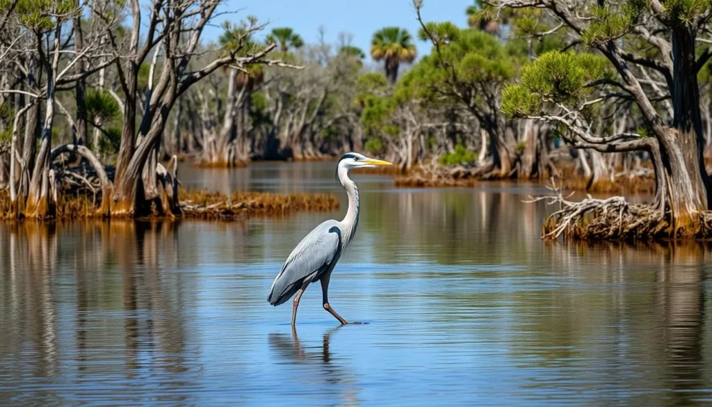 Great blue heron wading in the wetlands at Barataria Preserve