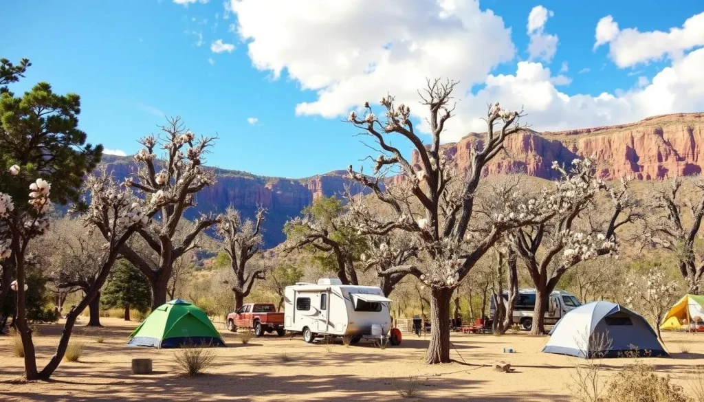 Green River Campground at Dinosaur National Monument with tents set up among cottonwood trees Green River Campground at Dinosaur National Monument with tents set up among cottonwood trees