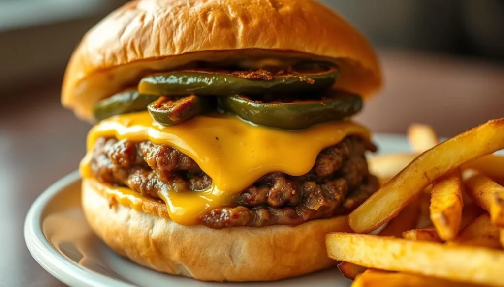 Green chile cheeseburger from a local New Mexico restaurant near the Magdalena Mountains Green chile cheeseburger from a local New Mexico restaurant near the Magdalena Mountains
