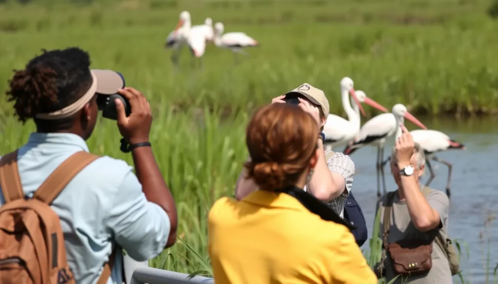 Group of birdwatchers observing roseate spoonbills in Pecan Island wetlands Group of birdwatchers observing roseate spoonbills in Pecan Island wetlands