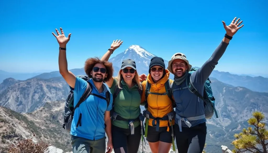 Group of diverse hikers celebrating at a viewpoint with El Diente Peak visible in the background Group of diverse hikers celebrating at a viewpoint with El Diente Peak visible in the background