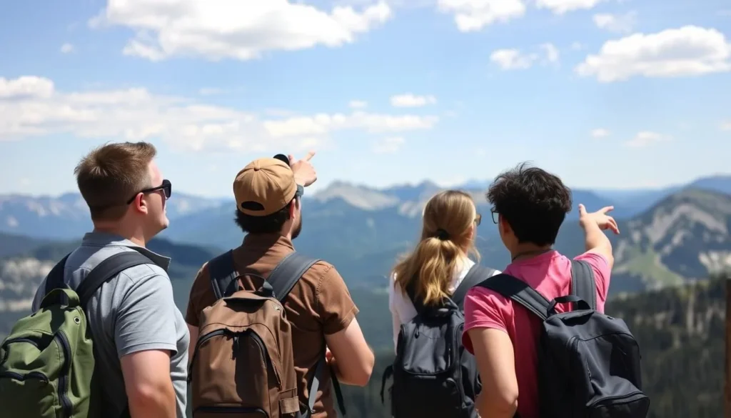 Group of diverse travelers enjoying views from Black Bear Pass Road Colorado Group of diverse travelers enjoying views from Black Bear Pass Road Colorado