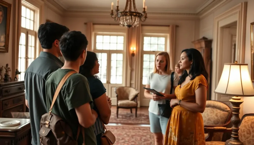 Guided tour of a plantation home with visitors learning about local history Guided tour of a plantation home with visitors learning about local history