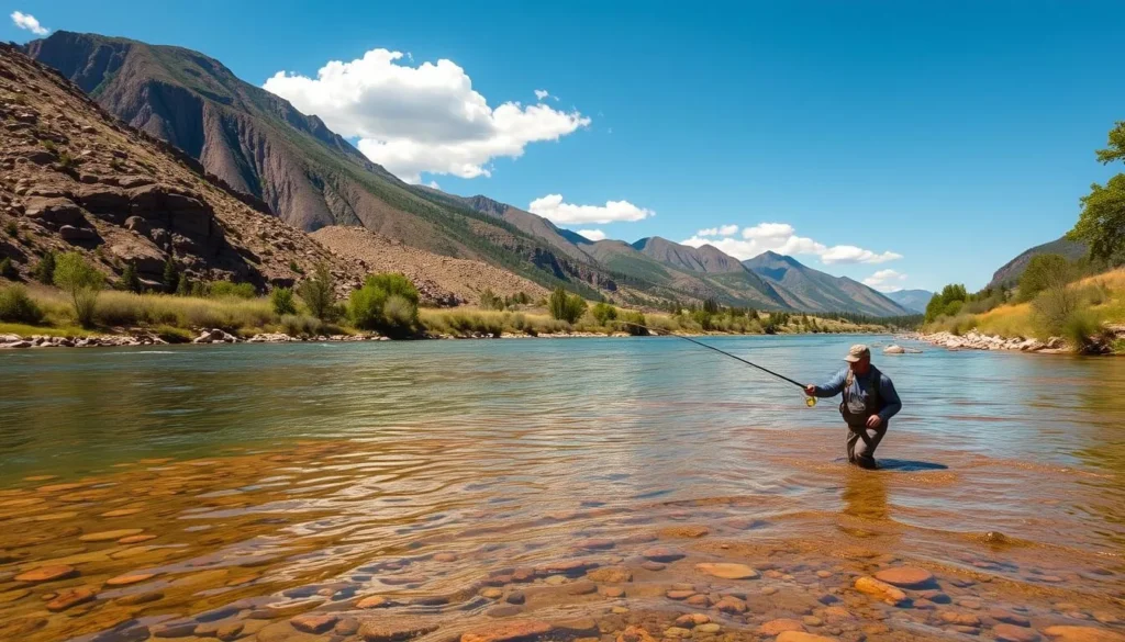 Gunnison River with fly fisherman and mountain scenery