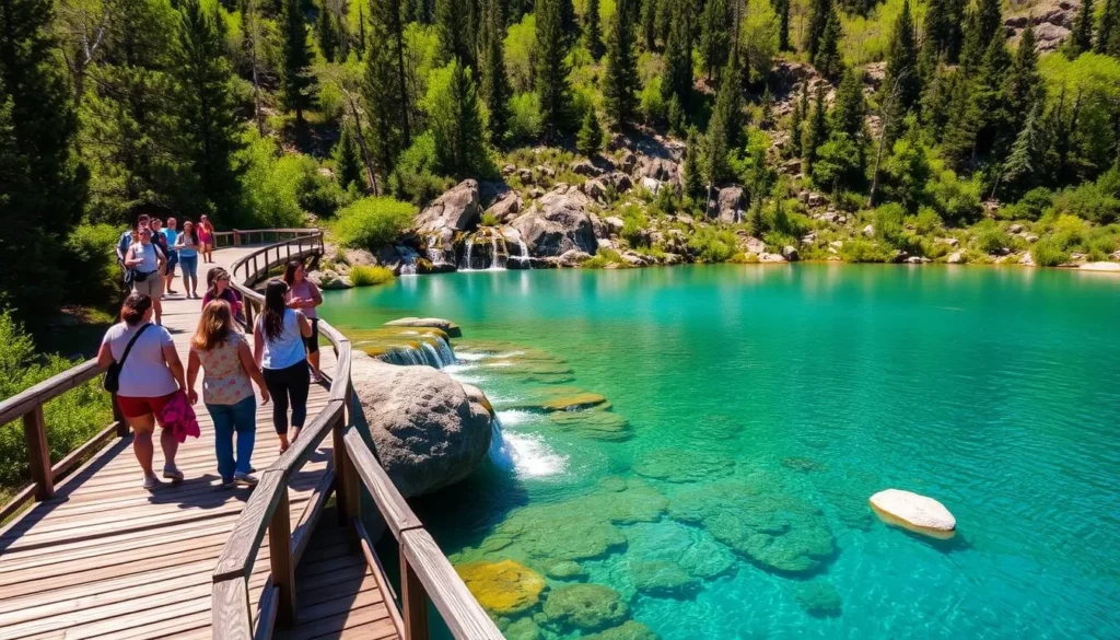 Hanging Lake Colorado boardwalk with turquoise water and waterfalls