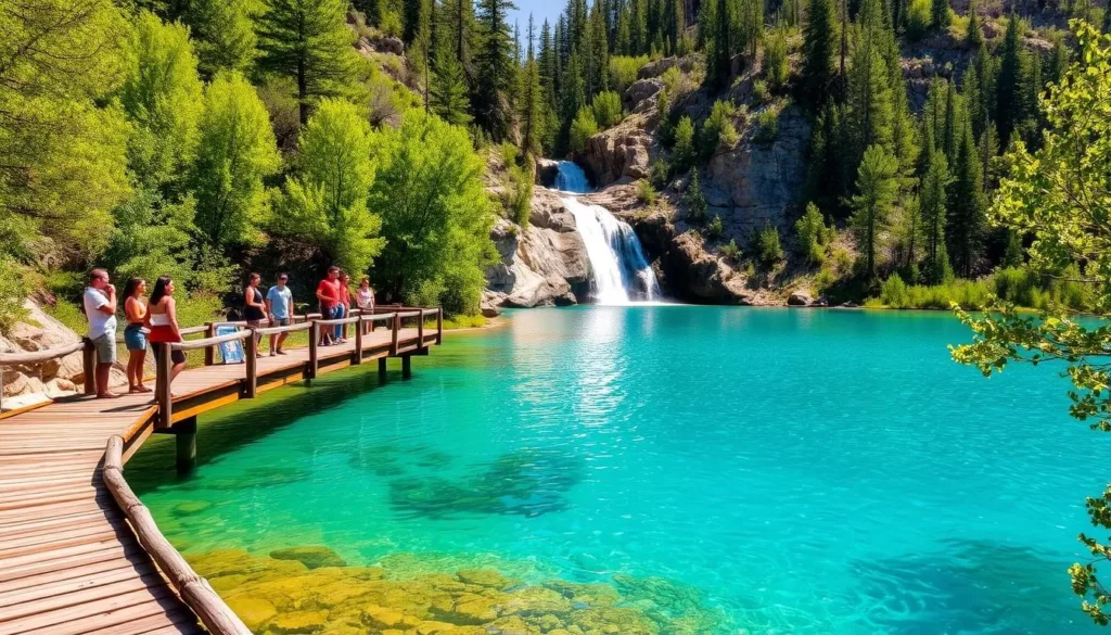 Hanging Lake Colorado in summer with vibrant turquoise water and lush green surroundings