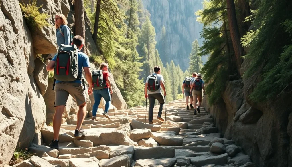 Hanging Lake trail with hikers navigating rocky terrain