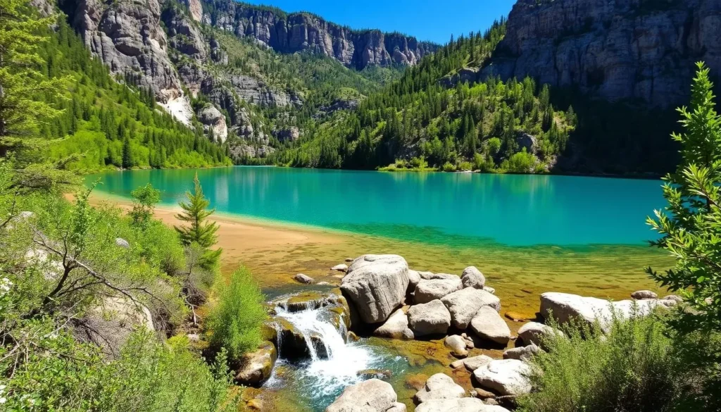 Hanging Lake waterfall with turquoise waters and lush vegetation in Glenwood Canyon Hanging Lake waterfall with turquoise waters and lush vegetation in Glenwood Canyon