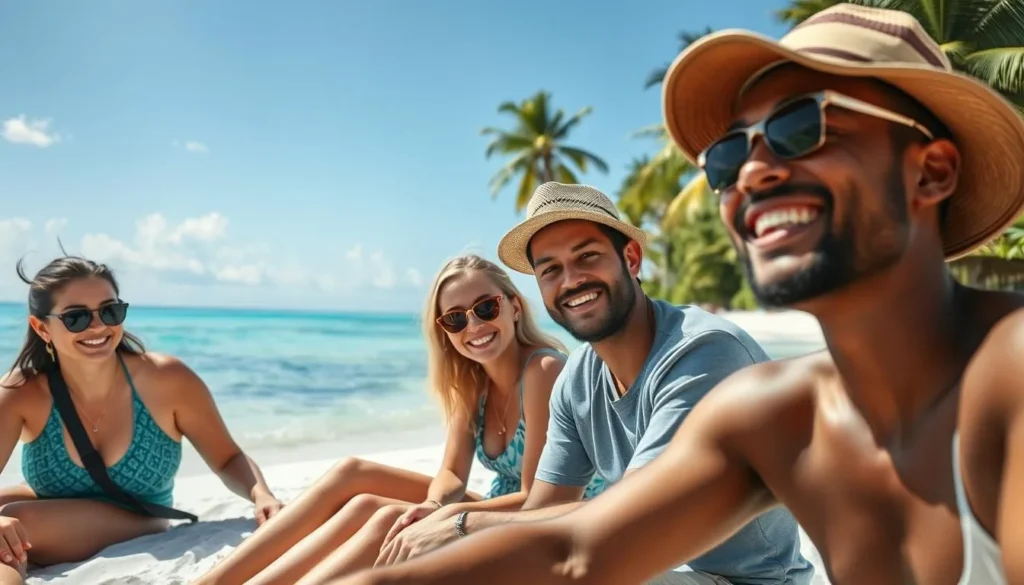 Happy diverse tourists enjoying the beach at Saona Island, Dominican Republic