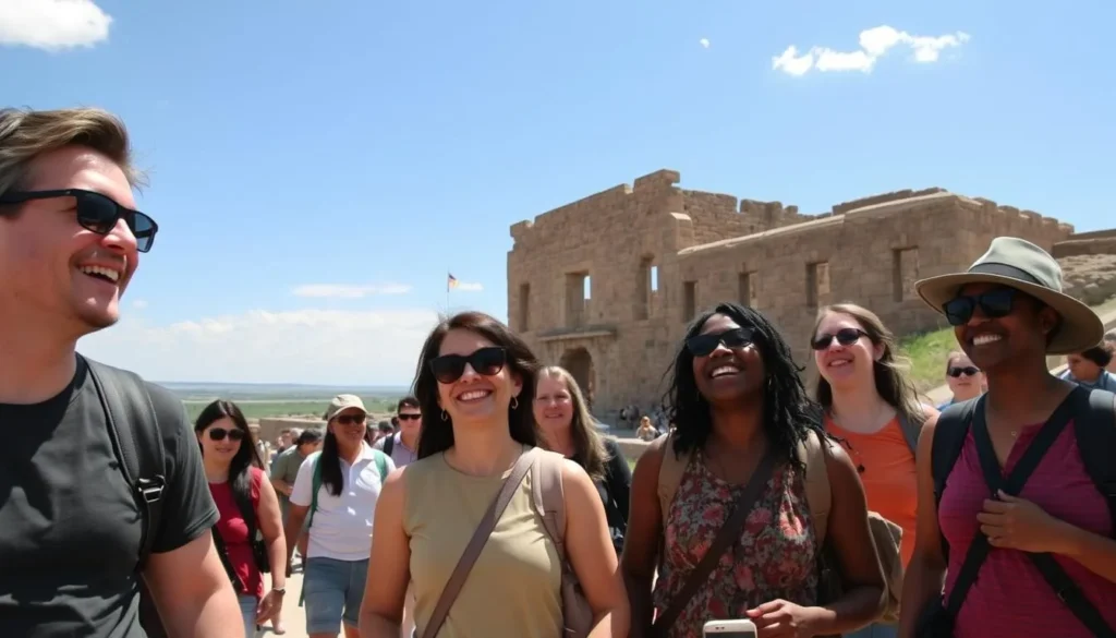 Happy diverse visitors enjoying their time at Fort Union National Monument