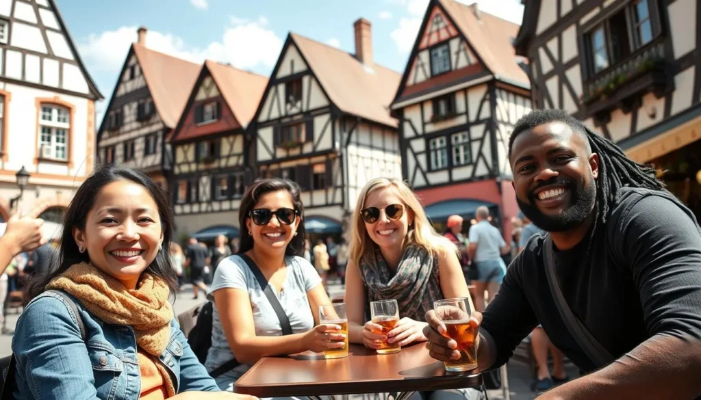 Happy tourists of diverse backgrounds enjoying the medieval atmosphere of Rothenburg