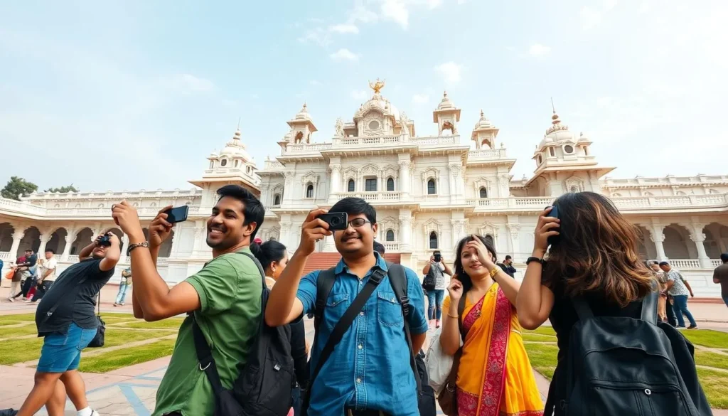 Happy tourists taking photos at Mysore Palace