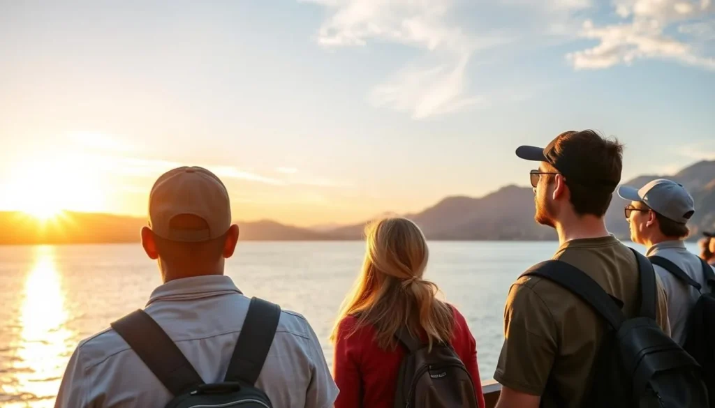 Happy visitors enjoying sunset views over Grand Lake Happy visitors enjoying sunset views over Grand Lake