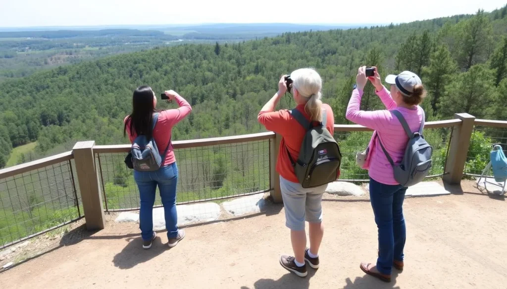 Happy visitors taking photos at a scenic overlook in Tyler State Park Pennsylvania Happy visitors taking photos at a scenic overlook in Tyler State Park Pennsylvania