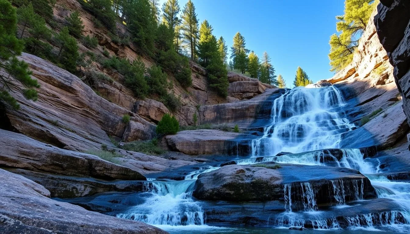 Helen Hunt Falls cascading down 35 meters through North Cheyenne Canyon with lush greenery surrounding the waterfall