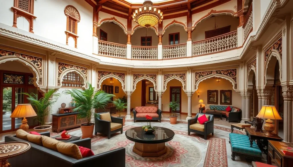 Heritage hotel in Gujarat showing traditional architecture with modern amenities and beautiful courtyard