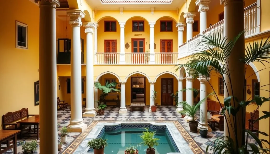 Heritage hotel in Pondicherry with traditional Franco-Tamil architecture and courtyard
