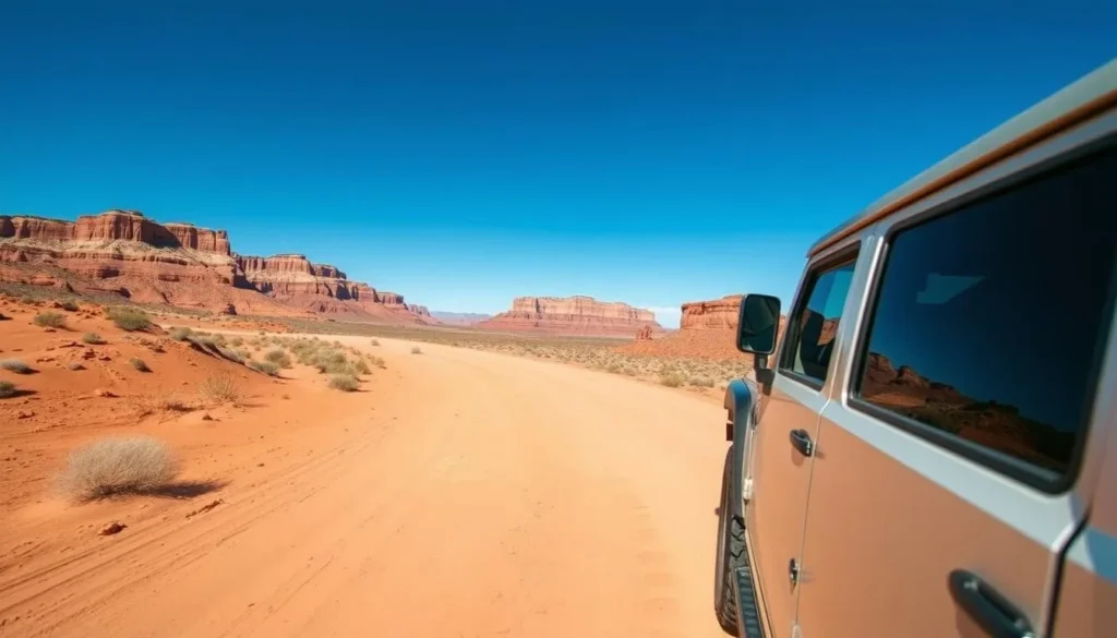 High-clearance 4WD vehicle navigating the sandy House Rock Valley Road in Vermilion Cliffs High-clearance 4WD vehicle navigating the sandy House Rock Valley Road in Vermilion Cliffs