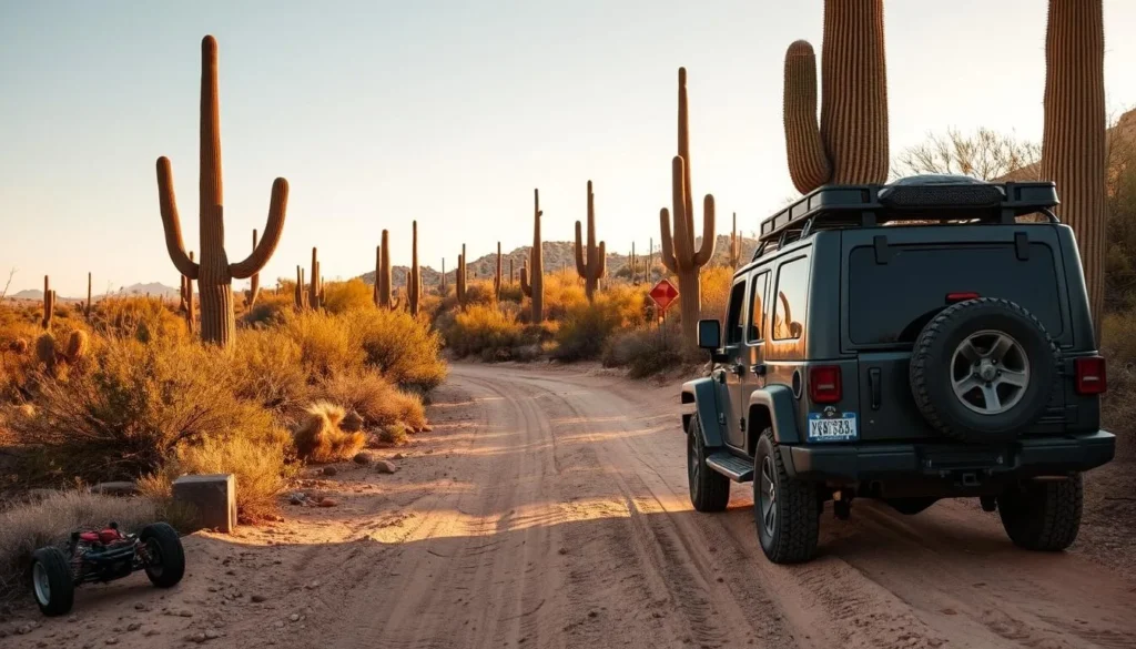 High-clearance 4x4 vehicle navigating a desert trail in Sonoran Desert National Monument