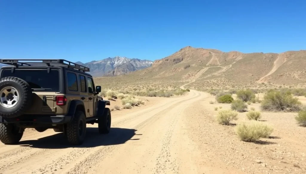 High-clearance vehicle on dirt road approaching Boundary Peak trailhead