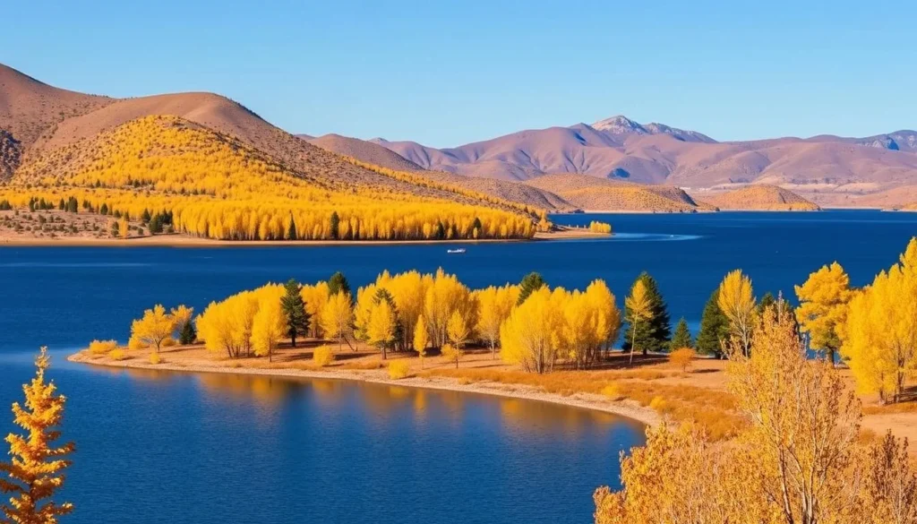 Highline Lake State Park in fall with colorful foliage around the lake