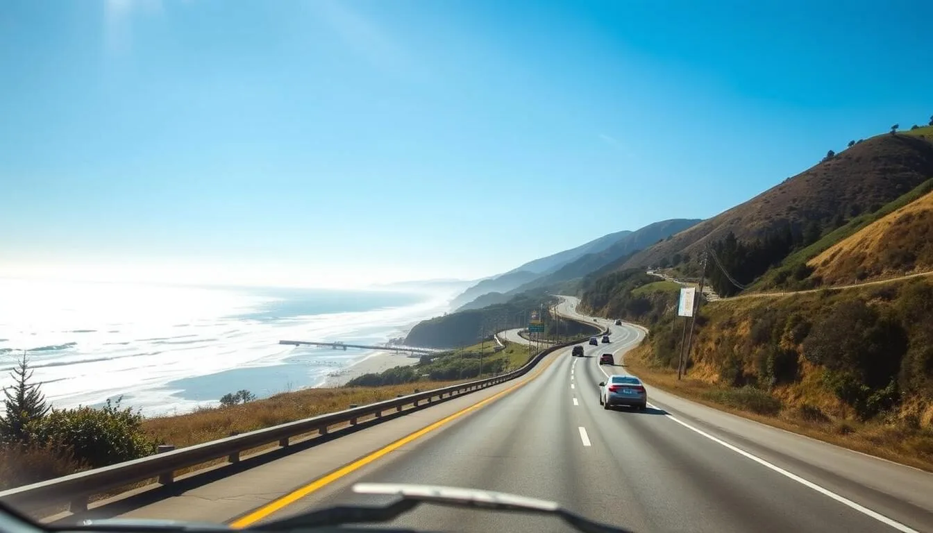 Highway-1-coastal-route-leading-to-Santa-Cruz-Beach-Boardwalk-with-ocean-views Highway 1 coastal route leading to Santa Cruz Beach Boardwalk with ocean views