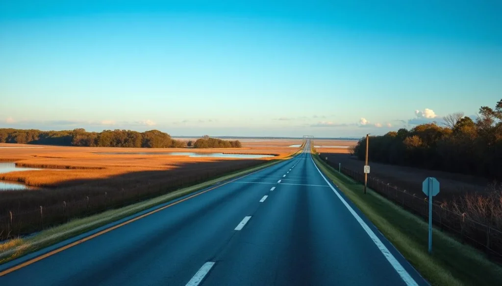 Highway 82 leading to Rockefeller Wildlife Refuge with wetlands visible on both sides