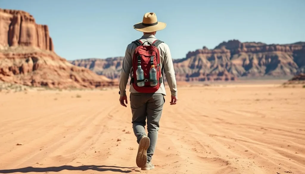 Hiker carrying adequate water supplies while traversing the desert landscape of Vermilion Cliffs Hiker carrying adequate water supplies while traversing the desert landscape of Vermilion Cliffs