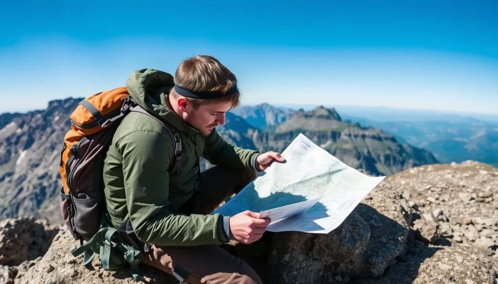Hiker checking a map and compass while planning a route to El Diente Peak Hiker checking a map and compass while planning a route to El Diente Peak