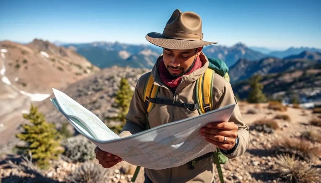 Hiker checking a map on a trail in Wheeler Peak Wilderness with proper gear Hiker checking a map on a trail in Wheeler Peak Wilderness with proper gear