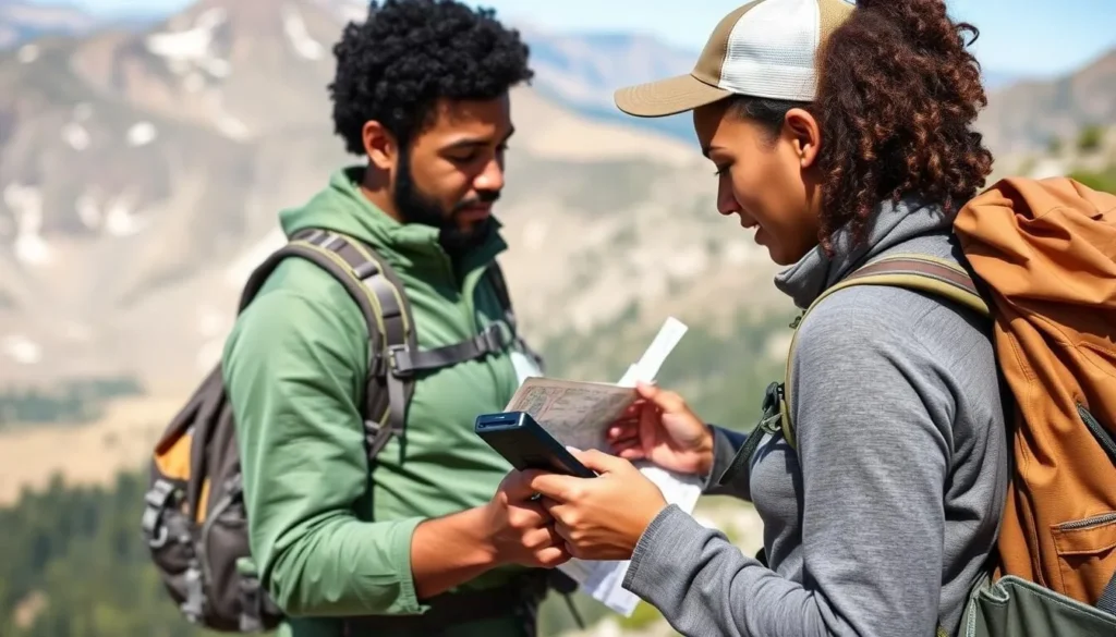 Hiker checking map and compass in Latir Peak Wilderness with backpack and safety gear Hiker checking map and compass in Latir Peak Wilderness with backpack and safety gear