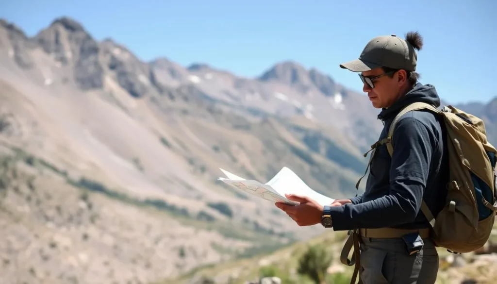 Hiker checking map on trail in Anthracite Range Hiker checking map on trail in Anthracite Range