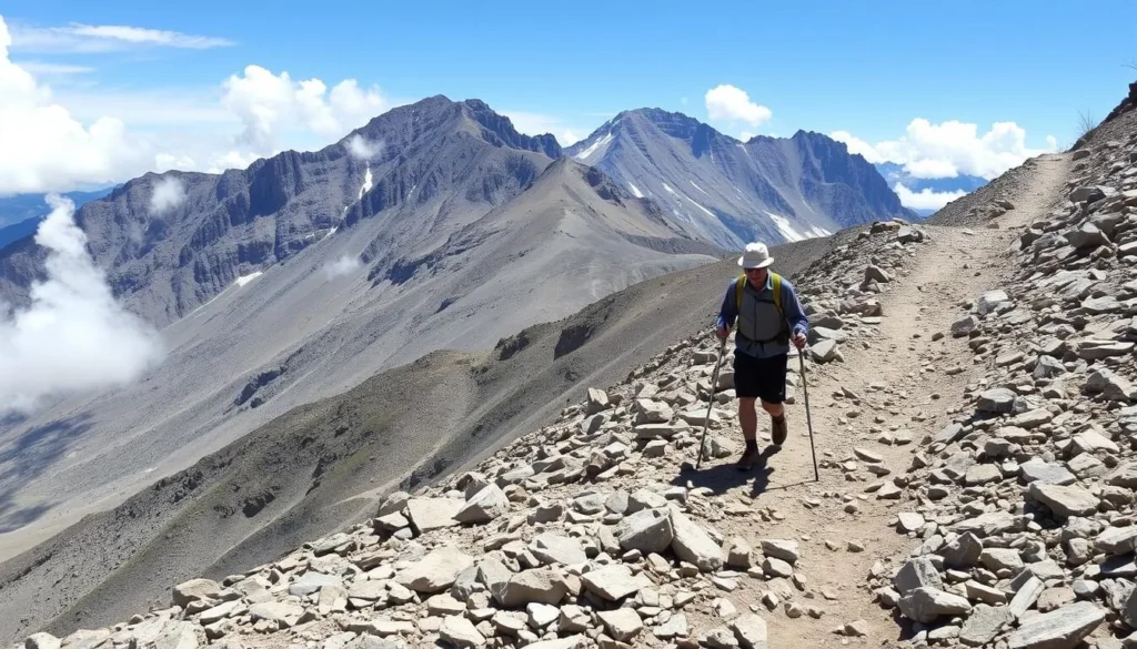 Hiker crossing a high mountain pass on the Colorado Trail with proper safety equipment