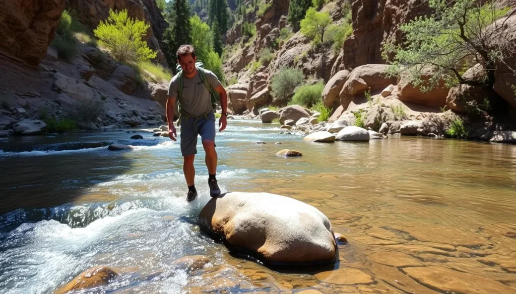 Hiker crossing the Gila River on the trail to Jordan Hot Springs
