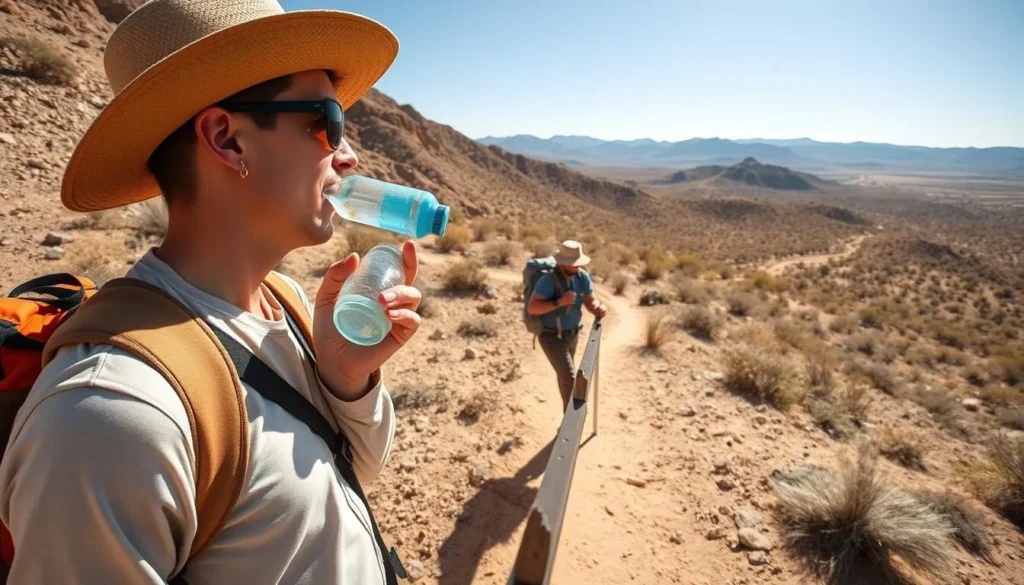 Hiker drinking water and applying sunscreen in Desert National Wildlife Refuge Hiker drinking water and applying sunscreen in Desert National Wildlife Refuge