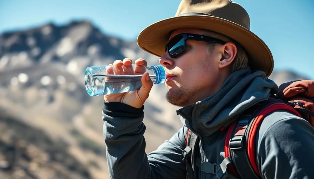 Hiker drinking water at Hoosier Pass with hydration pack and proper gear