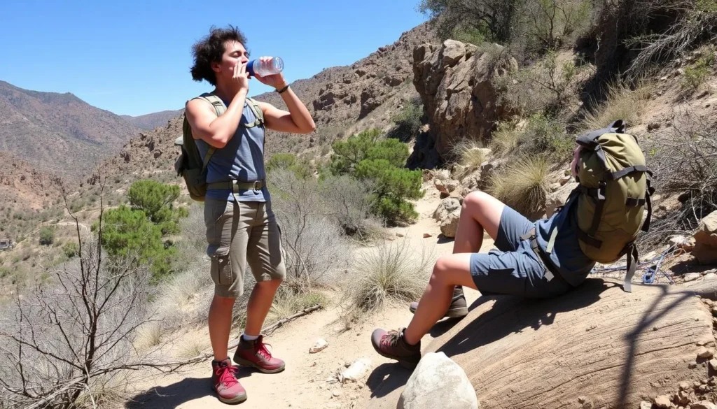 Hiker drinking water from a hydration pack while taking a break on a trail in Sycamore Canyon