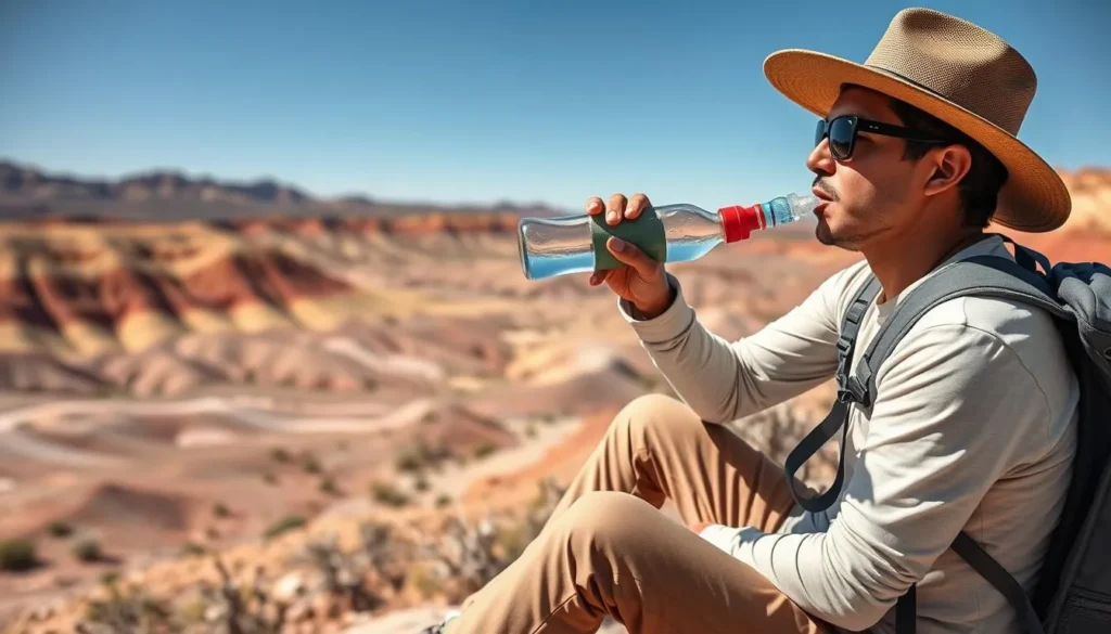 Hiker drinking water from a reusable bottle while exploring the Painted Desert on a sunny day Hiker drinking water from a reusable bottle while exploring the Painted Desert on a sunny day