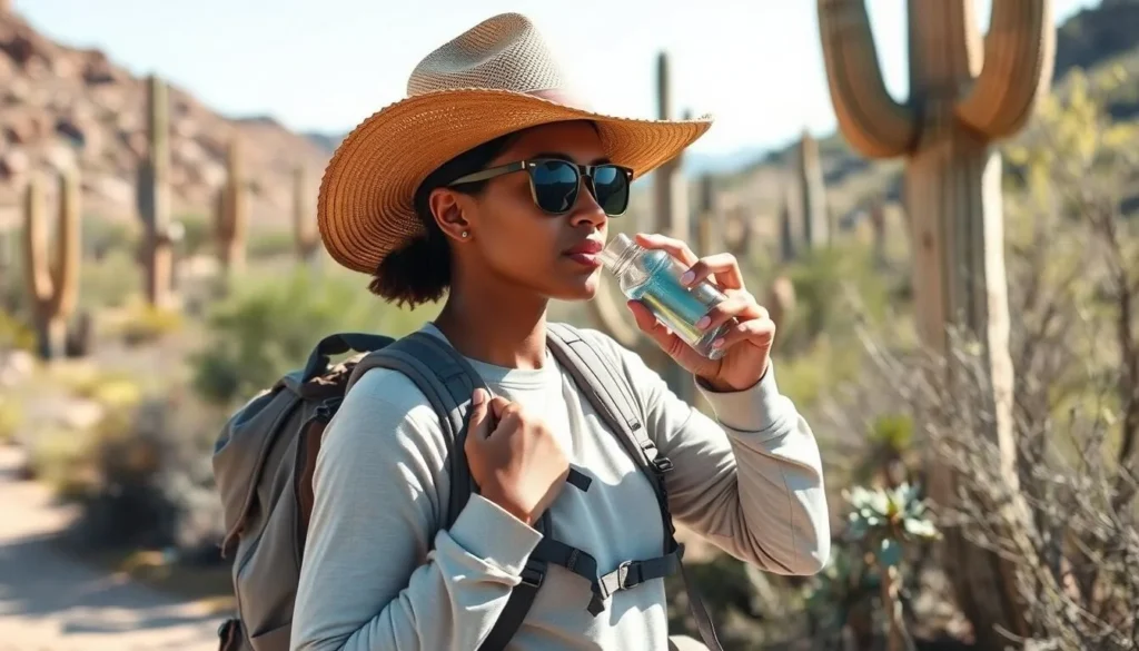 Hiker drinking water on a desert trail with proper sun protection gear