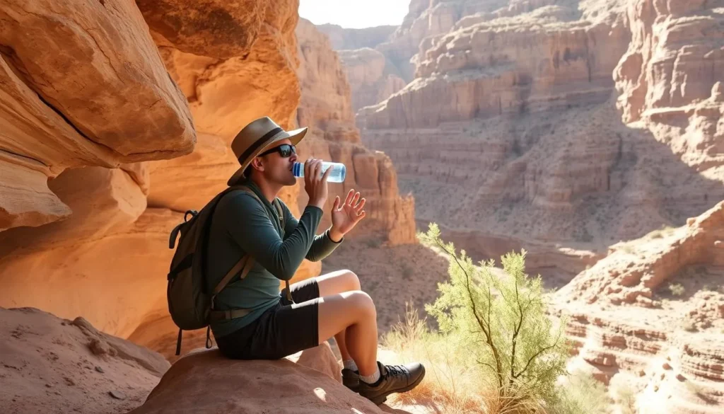 Hiker drinking water while resting in shade of canyon wall Hiker drinking water while resting in shade of canyon wall